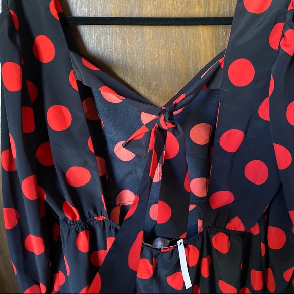 NWT ASOS Square Neck Long Sleeve Romper with Tie Back Polka Dot Red Black 10 - Picture 6 of 8